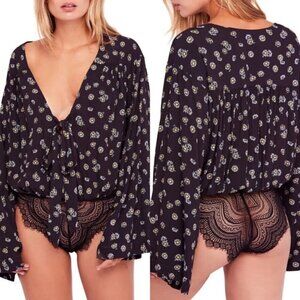Free People Daisy micro floral bell sleeve lace v-neck black bodysuit